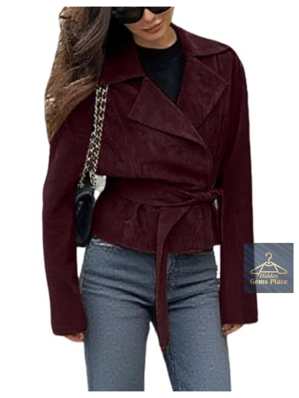 Faux Suede Leather Jacket Cropped Wrap Coat with Belt